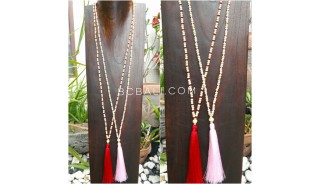 wood beige natural bead tassels necklace 4color ethnic design